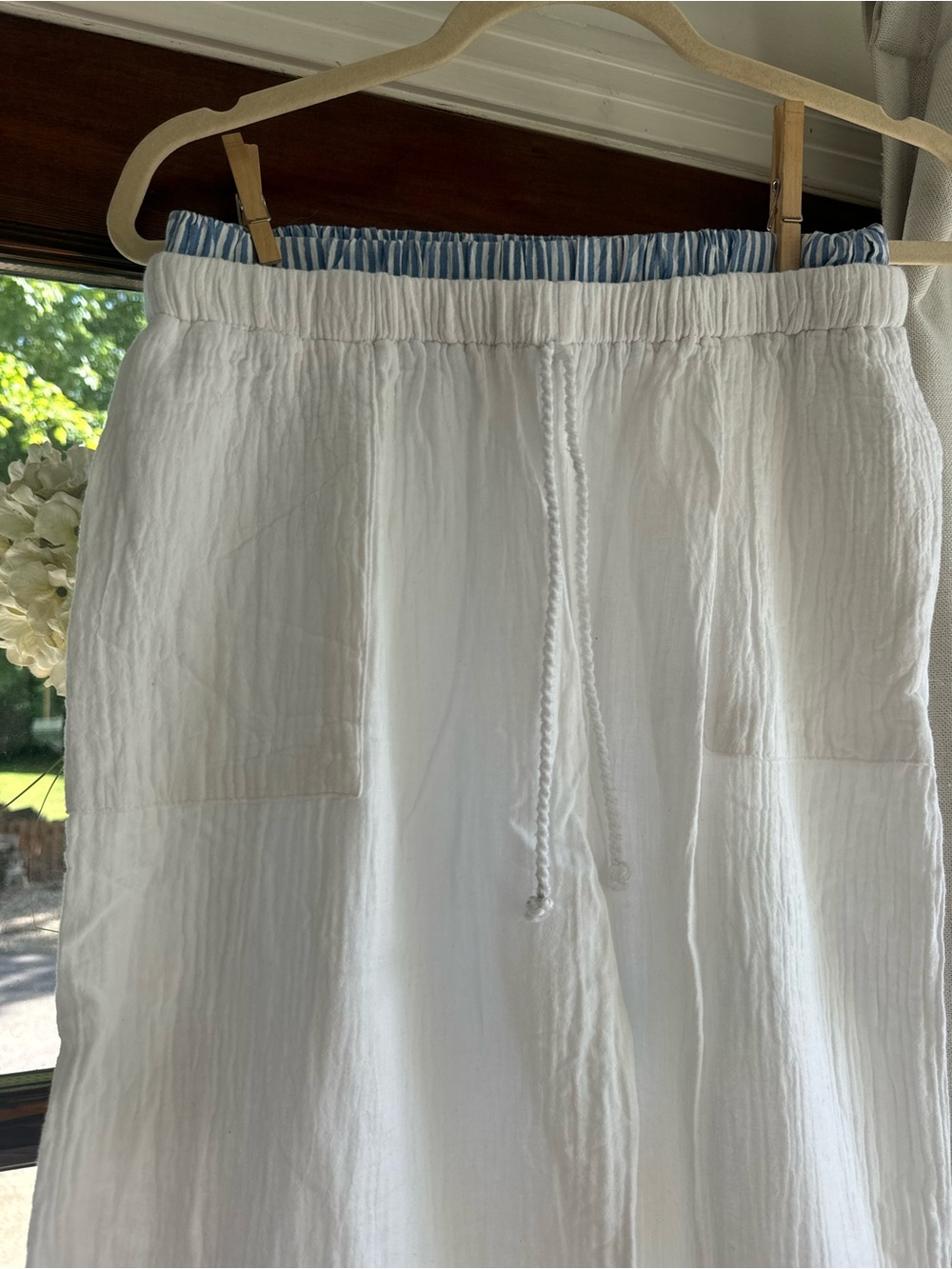 White Lightweight Pants with Blue Stripe Waistband